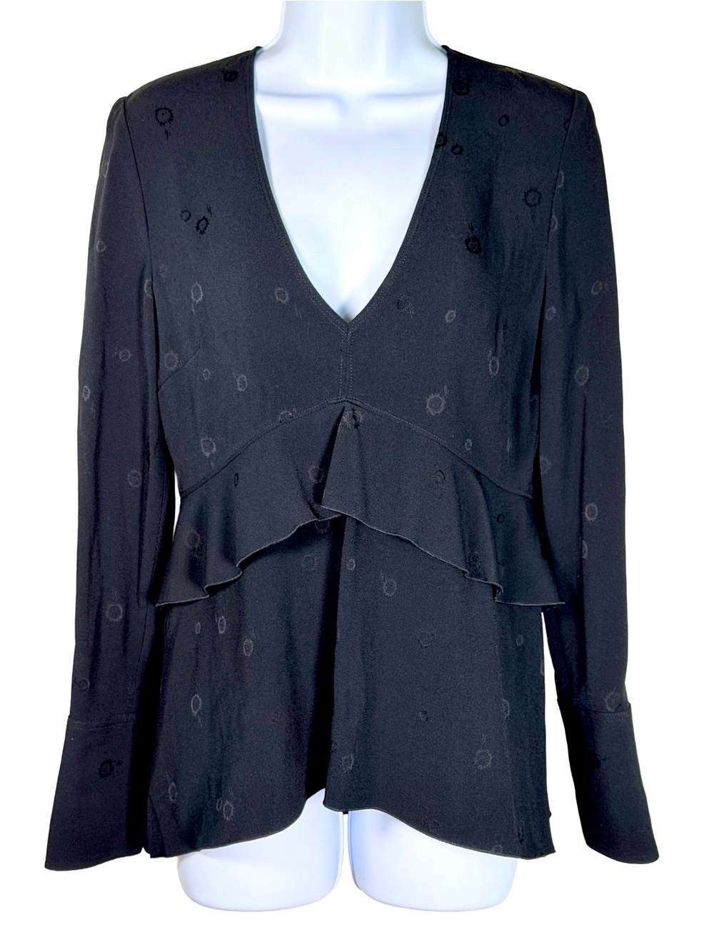 Proenza Schouler Black Tiered Ruffle Deep V Blouse Long Sleeve Size 2